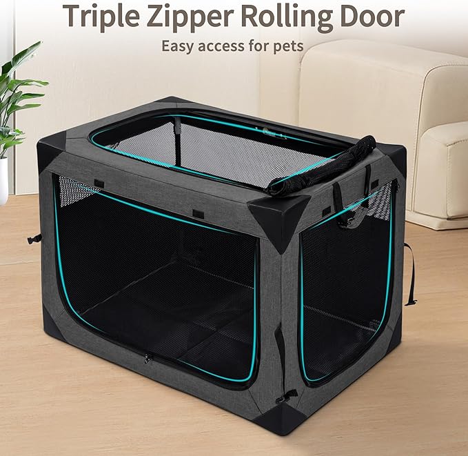 Dog Crates - 36 Inch Collapsible Soft Dog Crate, 3-Door Foldable Soft Kennel for Large Dogs, Portable Pet Travel Cage with Chew Proof Mesh Window for Indoors & Outdoors（Dark Gray）