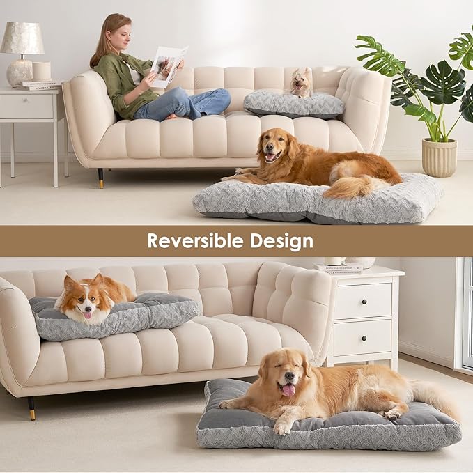 EHEYCIGA Reversible Dog Crate Bed Washable, Comfort Fluffy Plush Dog Kennel Pad for Gaint Dogs, Deluxe Machine Washable XXL Pet Sleeping Mats, 47" x 29"x 4", Grey