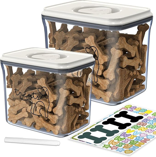 2 Pack Dog Treat Container Set (25oz/0.75L & 48oz/1.4L) - Airtight & BPA-Free | Clear Pet Food Storage Jars for Dog & Cat Treats | Includes Labels, Alphabet Stickers & Pen for Personalization