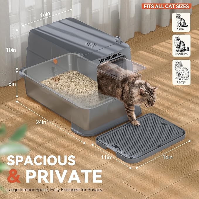 Enclosed Stainless Steel Cat Litter Box with Odor Control, Modular Design with Drawer and Flip Door, Easy to Clean and Wash,Non-Stick Interior,Extra Large Size Fits All Cats(Dark Grey)