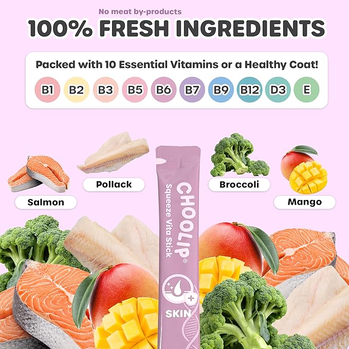 Choolip Squeeze Vita Stick Lickable Cat Treats & Dog Puree – 49-Count Skin & Coat Support Tubes, Creamy Grain-Free High-Protein Puree with Omega 3, Biotin & Vitamins for Healthy Fur & Skin