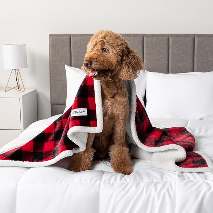 PetAmi Waterproof Dog Blanket for Medium Large Dog Puppy Cat Throw for Couch Cover Leakproof Protection, Sherpa Fleece, Reversible Soft Washable 60x40 Checker Plaid Red