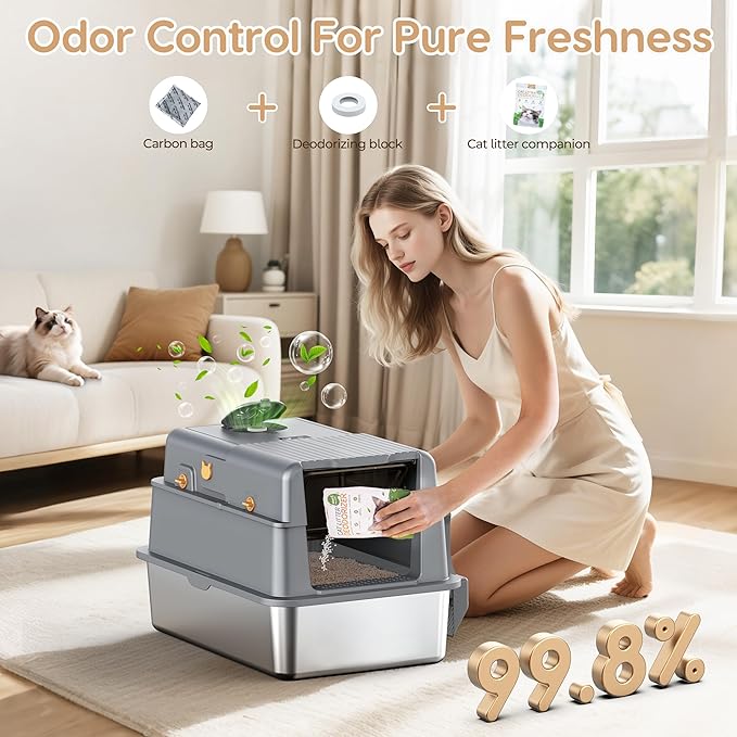 L7 Ultra-Stainless Steel Litter Box with Smart Odor Control, XXL Extra Large Enclosed Metal Cat Litter Box with Lid for Kitty&Big Cats, High Sided Enclosure with Scoop & Mat, Anti-Leakage-Grey