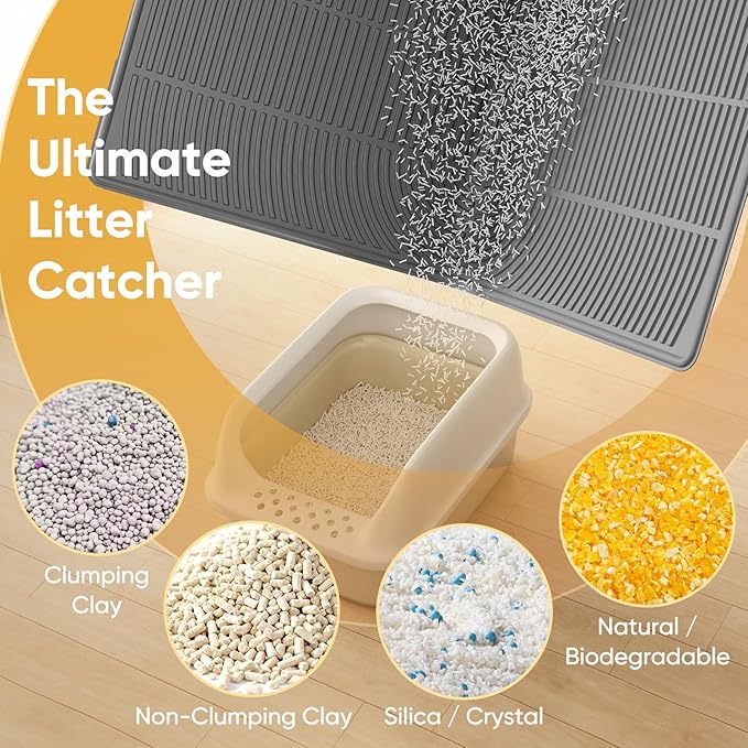 TRZZ XXL Extra Large Cat Litter Mat, Silicone Litter Box Mat for Floor, Waterproof & Non-Slip, Easy to Clean, Cat Litter Trapping Mat & Kitty Litter Catcher for Scatter Control (Gray)