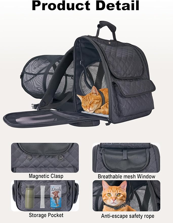 Dog Travel Backpack with Expandable Tunnel for Cats and Dogs up to 17lbs, Secure Carrier with Safety Leash, Soft Cushion, Comfortable Shoulder Straps, Black