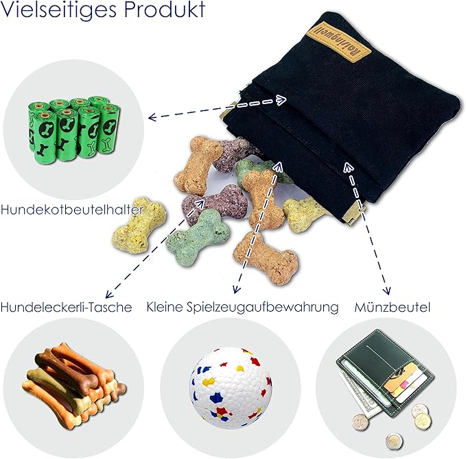 Dog Treat Pouch, Black Pocket Sized Pet Training Pouch, Cotton Fabric, Hand Free Dog Walking Bag with Carabiner, Self-Closing Pet Feed Snack Reward, for Pet Puppy Travel or Outdoor Use