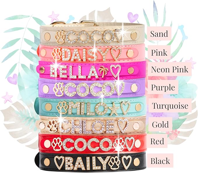 Paws Paws Miami Custom Dog Collar for Medium Dogs, Personalized with Name in Gold-Plated Cubic Zirconia Initials and Charm Jewels Leather Collars, Pink