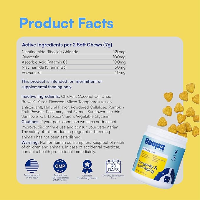 NAD+ Precursor & Senior Dog Supplement - 90 Soft Chews & Vitamins - NMN Alternative for Longevity, Anti-Aging & Energy - Nicotinamide Riboside, Resveratrol, Quercetin, Made with Pasture-Raised Chicken