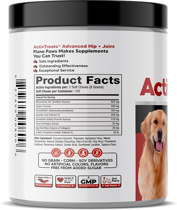 Glucosamine for Dogs Hip and Joint Supplement - Safe Joint Support - Glucosamine Chondroitin MSM Turmeric - 120 Mobility Joint Care Chews for Dogs - ActivTreats for All Breeds Ages and Sizes.