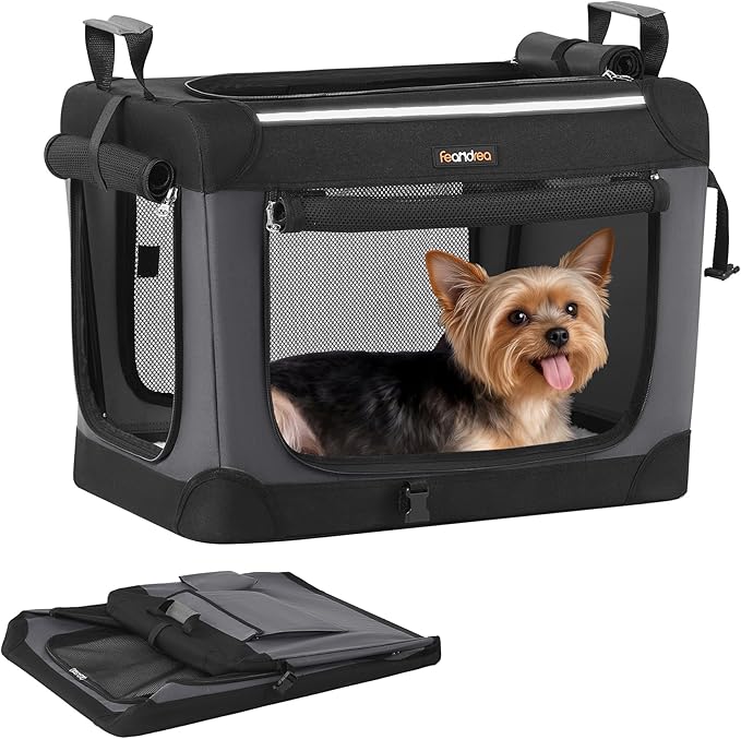 Feandrea Collapsible Dog Crate, 20-Inch Portable Dog Travel Crate for Small Dogs, Oxford Fabric Pet Carrier with 4 Mesh Doors, Handles, Storage Pocket, Water Bottle Holder, Ink Black UPDC015BH02