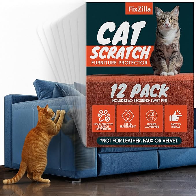 Anti Cat Scratch Furniture Protector, 12-Pack Couch Protector from Cat Claws – Heavy-Duty, Easy-to-Apply Scratching Deterrent and Shield for Sofa Corners, Walls, Doors- with 60 Twist Pins