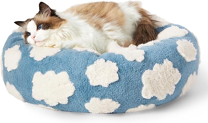 LE SURE Donut Cat Beds for Indoor Cats - Small Round Dog Bed for Calming Pets as Gift with Washable Cover, Cute Modern Puppy Beds with Jacquard Shaggy Plush & Anti Slip Bottom, 20 Inch, Blue