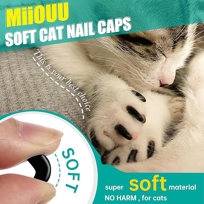 100 pcs Cat Nail Caps | Cat Claw Covers with Adhesives and Applicators | Black (M)