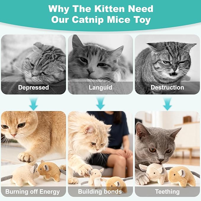 Plush Catnip Mice Toys with Rattle Sound - 2 Pcs Interactive Cat Toys for Indoor Cats, Durable Stress Relief Eco-Friendly Small Mouse Chew Playthings（with Catnip Bag）