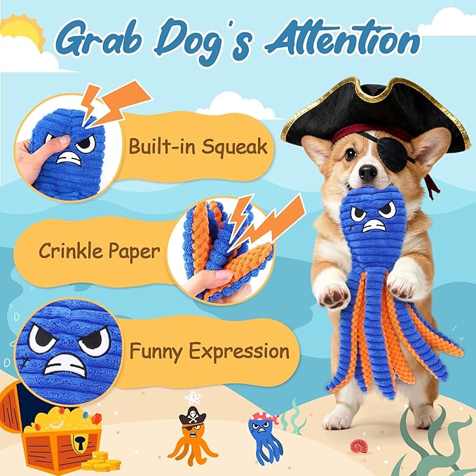 Zeaxuie Dog Toys for Aggressive Chewers, 2 Pack No Stuffing Interactive Dog Toys for Teething, Squeaky Chew Toy to Keep Them Busy for Small and Medium Breed, Crinkle Octopus