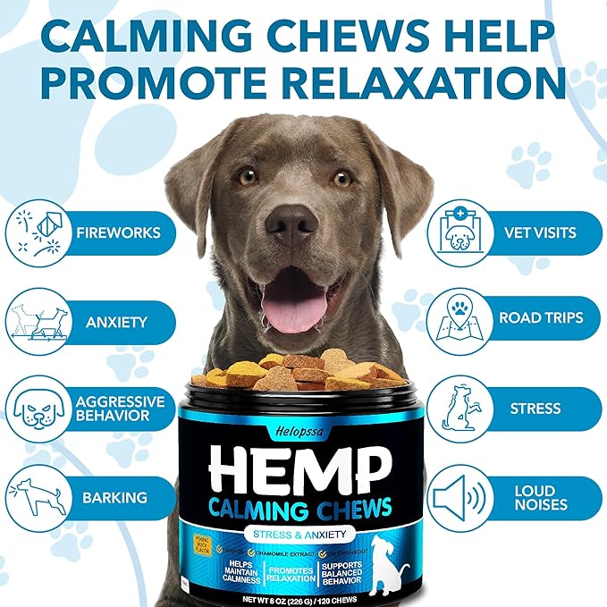 Hemp Calming Chews for Dogs with Anxiety and Stress - Anxiety Relief Chews for Storms, Fireworks, Thunder, Barking, Separation - Valerian, L-Tryptophan, Hemp Oil - Peking Duck- 120 Dog Calming Treats