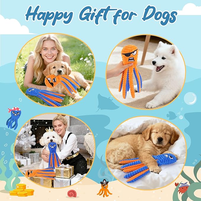 Zeaxuie Dog Toys for Aggressive Chewers, 2 Pack No Stuffing Interactive Dog Toys for Teething, Squeaky Chew Toy to Keep Them Busy for Small and Medium Breed, Crinkle Octopus