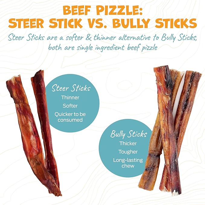 Steer Pizzle Sticks for Dogs Rawhide Free Dog Treats - Single Ingredient Bullysticks Natural Dogs Chews - Odor Free Bully Sticks - Fully Digestible Dog Chew Stick 11-12" (10 Count)