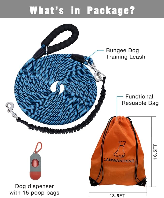Long Dog Leash with Reflective Threads 15FT 20FT 30FT 50FT,Heavy Duty Bungee Dog Leashes for Small Medium Large Breed Dogs,Shock Absorbing Training Leash for Walking,Hunting,Camping&Yard