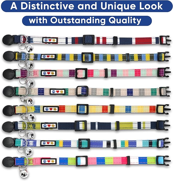Pawtitas Personalized Cat Collar with Safety Buckle and Removable Bell - Multicolor, Adjustable, Customized Cat Collar - Blue/Orange/Yellow