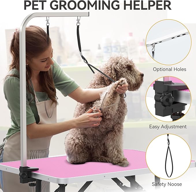 DWVO 36'' Dog Grooming Table, Foldable Pet Grooming Table with Adjustable Arm, Loop, and Mesh Tray, Non-Slip Portable Dog Bathing Station, Pink