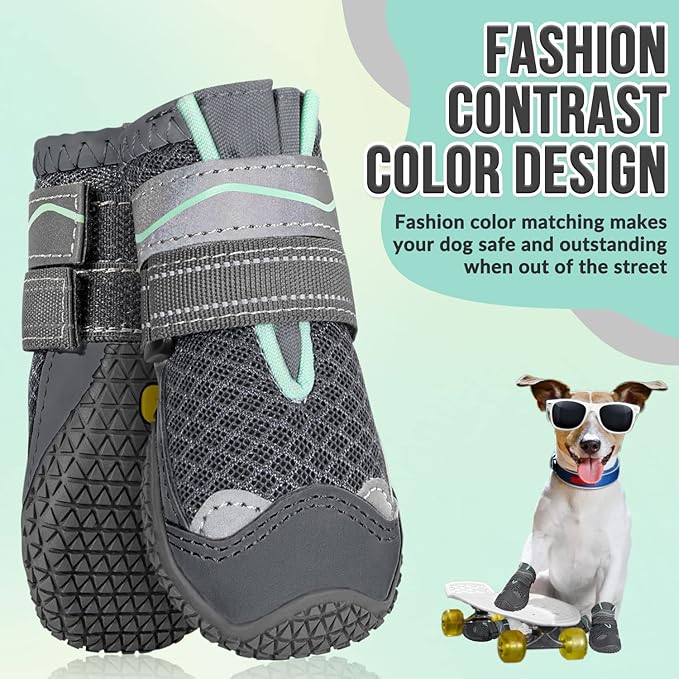 SlowTon Dog Shoes for Large Small Medium Dogs - Breathable Dog Boots for Summer Hot Pavement, Paw Protector for Outdoor Walking Winter Snow, Anti-Slip Rubber Dog Booties for Hard Floor (GY, 3)