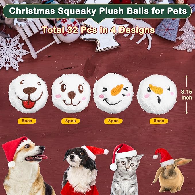 32 Pcs Christmas Dog Toys Squeaky Plush Balls, Soft Puppy Snowball with Dog & Snowman Smile, Christmas Pet Squeaker Fluffy Ball for Interactive Small & Medium Dogs, Xmas Toys Party Decorations