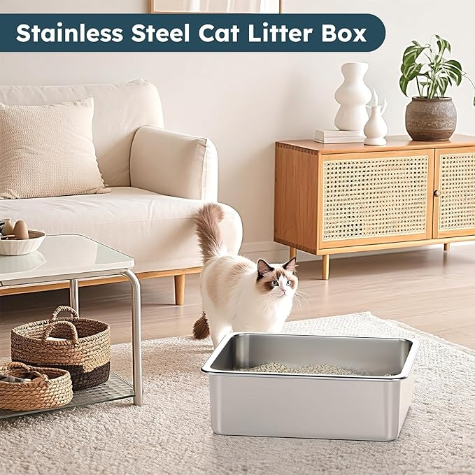 Stainless Steel Cat Litter Box - Large Metal High-Sided Litter Pan for Cats, Rabbits, and Pets, Non-Stick, Odor-Free, Easy to Clean, Splash-Proof, Sturdy and Durable Indoor Cat Toilet Supplies