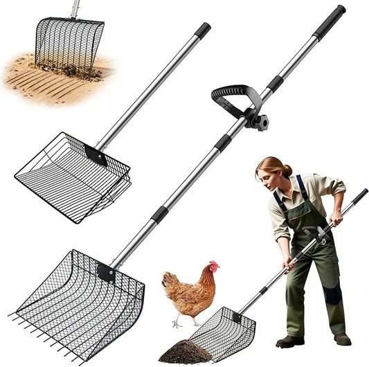 11.61" Chicken Poop Scooper & Rake 2-in-1+ 9.84" Pooper Scoopers, 25" to 67" Large Metal Litter Scoop with Adjustable Stainless Steel Handle for Farm Sifting Coops Cleaning Chicken Litter Pet Waste