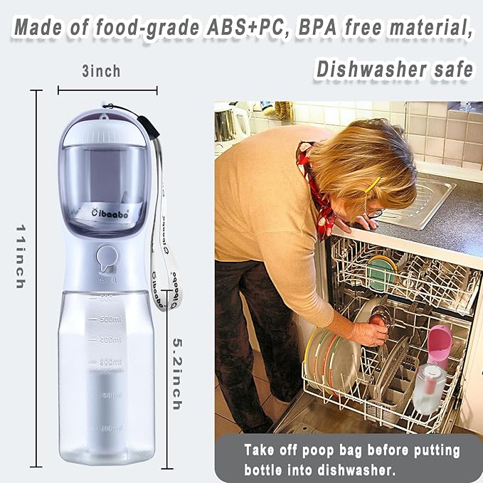 Dog Water Bottle with Food Container & Poop Bag Holder, Travel Water Bowl, Portable Pet Dispenser, Dog Gifts Stuff Accessories Items, Puppy Essentials for Yorkie Chihuahua Walking Hiking