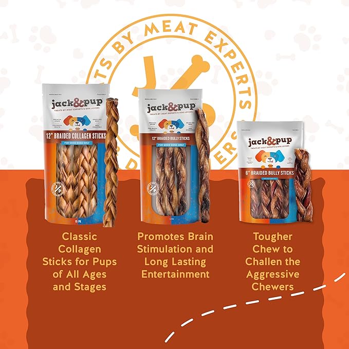 Jack&Pup 12" Braided Beef Collagen Sticks for Dogs - Rawhide Free Dog Chews Long Lasting Collagen Chews for Dogs - Bully Sticks Alternative (8 Pack)