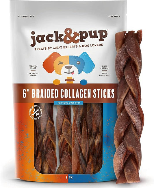 Jack&Pup 6 inch Braided Beef Collagen Sticks, Rawhide Free, Long Lasting Dog Chews, Healthy Single Ingredient Treats for Medium Dogs, Bully Stick Alternative, Collagen Chew for Dogs. 8pk