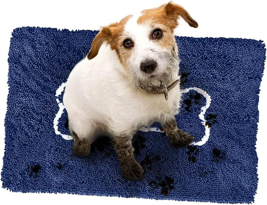 Soggy Doggy Doormat with Bone Design - Ultra Absorbent Microfiber Chenille Wet Dog Mat for Muddy Paws - Non-Slip and Machine Washable (Navy Blue/Oatmeal Bone, Large 26” x 36”)