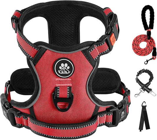 IVY&LANE No Pull Dog Harness for Small Dogs, Dog Vest Harness with Leash, Safety Belt and Storage Strap, Fully Adjustable, 360?Reflective Strip, Soft Handle (Red, S)