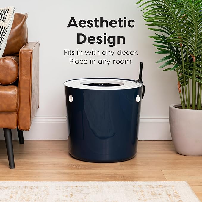 IRIS USA Cat Litter Box, Large Top Entry with Litter Catching Lid and Scoop, Dog Proof, Cat Box Enclosure, Navy/White