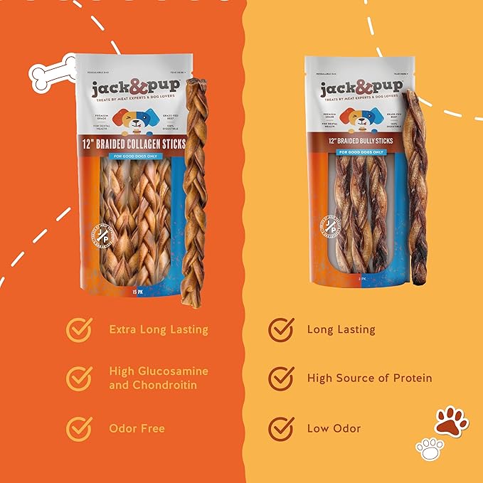 Jack&Pup 12" Braided Beef Collagen Sticks for Dogs - Rawhide Free Dog Chews Long Lasting Collagen Chews for Dogs - Bully Sticks Alternative (8 Pack)