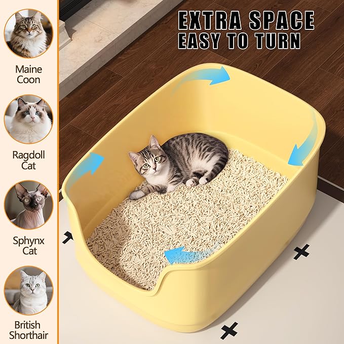 Gefryco Large Cat Litter Box with High Sided 24.6"x18.3"x12.2" - Jumbo Extra Large Open Anti - Splashing High Wall for Multiple Cats (Yellow)