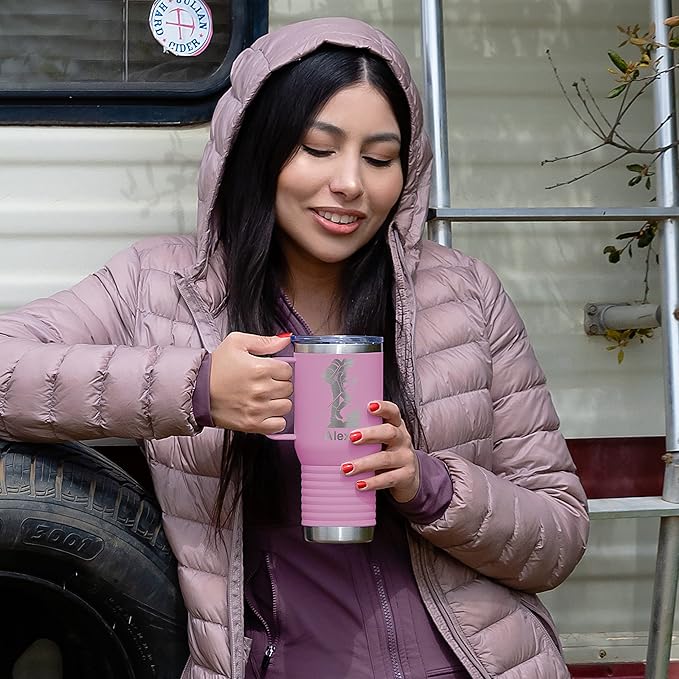 LaserGram 20oz Vacuum Insulated Travel Mug with Handle, Chihuahua Dog, Personalized Engraving Included (Light Purple)