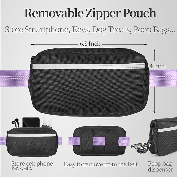 iYoShop Hands Free Dog Leash with Zipper Pouch, Dual Padded Handles and Durable Bungee for Walking, Jogging and Running Your Dog (Lavender, 8-25 lbs, Medium)