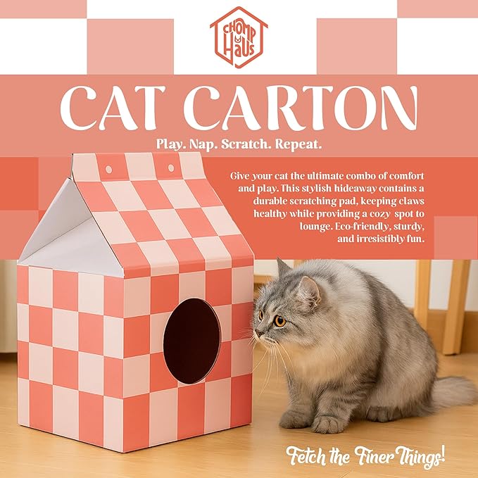 Cardboard Cat House with Scratch Pad – Durable, Eco-Friendly Hideaway, Easy Assembly, Stylish Cotton Candy Checkered Design, Indoor Pet Furniture, for Cat Lovers