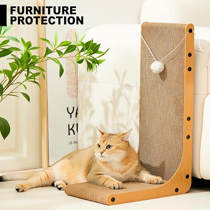 Value 2-Pack 23.6 Inch L-Shaped Cardboard Cat Scratcher, Dual Use (Vert/Horiz) Scratch Pad with Toy Balls, Wall-Mountable Furniture Protector Cat Scratchers for Indoor Cats, Couch & Wall