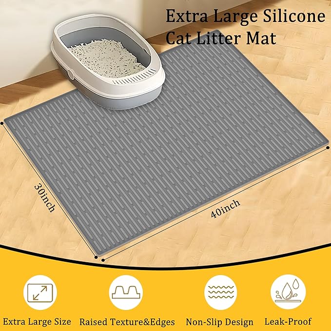 40"x30"(100cmx75cm) Extra Large Silicone Cat Litter Mat, XXL Litter Trapping Mat for Under Litter Box, Non-Slip Waterproof Kitty Litter Catcher, Easy to Clean Mat for Cats, Beige Gray