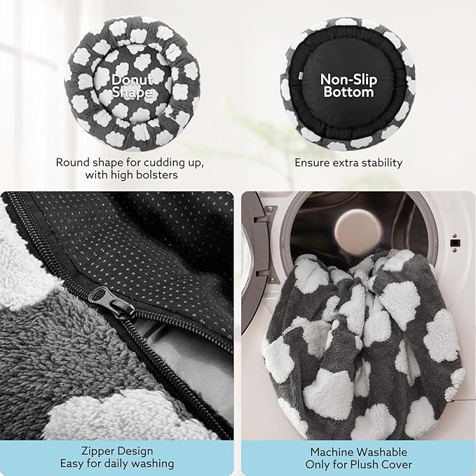 JOEJOY Donut Small Dog Bed, Round Cat Beds for Indoor Cats with Removable Washable Cover, Orthopedic Cute Puppy Kitten Pet Bed with Jacquard Shaggy Plush & Non Skid Bottom, Black