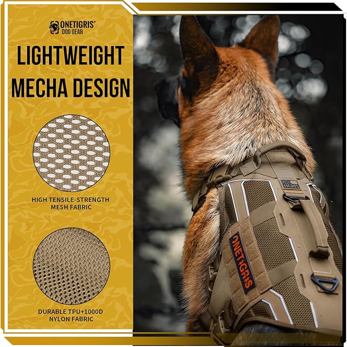 OneTigris Tactical Dog Harness for Large Dogs, Adjustable Tactical Dog Harness with Handles, Reflective Vest Heavy Duty & Breathable Military Assistance Vest with No Pull Buckle, Brown