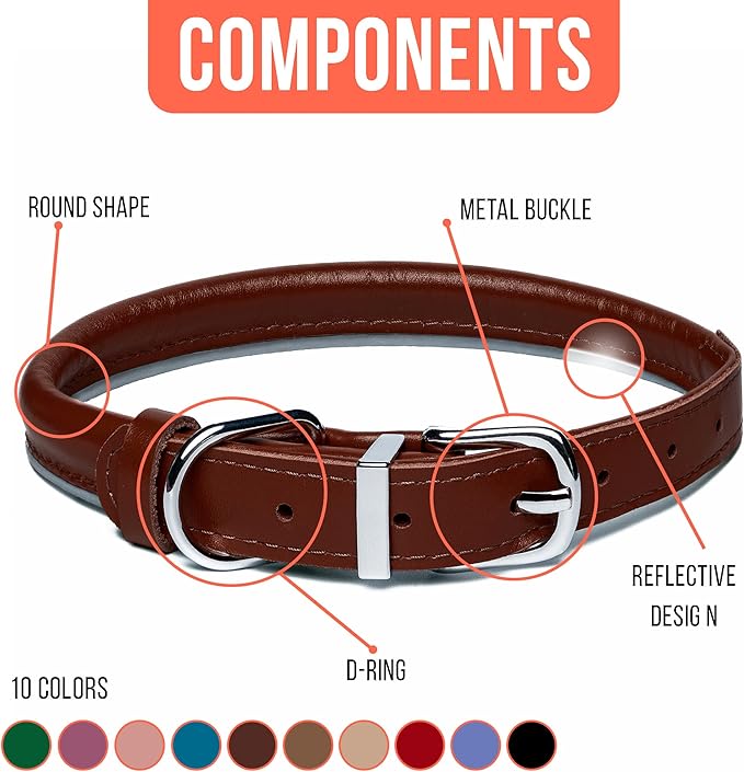 OOPSDOGGY Rolled Leather Dog Collar Reflective Roll Collars for Small Medium Large Dogs Puppy (Cognac, S, 10''- 13'')