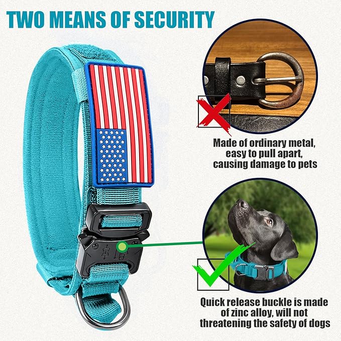 Tactical Dog Collar Military Dog Collar Adjustable Nylon Dog Collar Heavy Duty Metal Buckle with Handle for Dog Training,with Patches(Light Blue 1, M), Medium