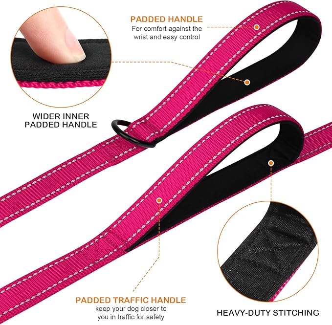 Joytale Dog Leash Heavy Duty for Large Dogs That Pull, Double Handle for Traffic Control, Double-Sided Reflective Leashes for Large Medium Dogs Night Safety, 6FT, Hot Pink