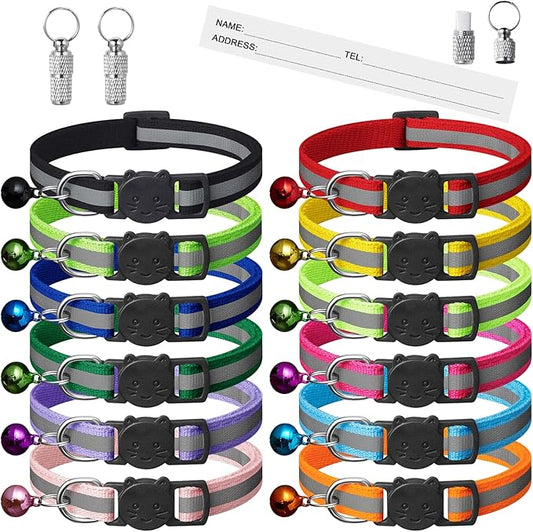 14 Pack Breakaway Cat Collars with Bells,Reflective Safety Kitten Collar,Ideal for Puppy, Girl Boy Cats,with Name Tag,Adjustable for Small Animal,Pet Supplies(12 Colors & 2 ID Tags)