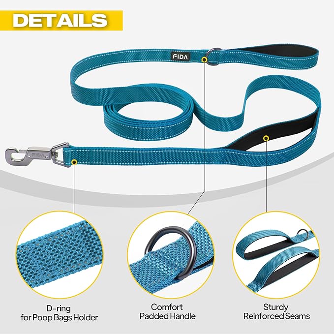 Fida 10ft Heavy Duty Dog Leash with 2 Comfortable Padded Handles, Traffic Handle & Advanced Easy Snap Hook, Reflective Walking Lead for Large, Medium & Small Breed Dogs,Blue