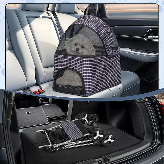 MoNiBloom 3 in 1 Foldable Pet Stroller for Small & Medium Dogs, Detachable Carrier, Car Seat, Push Button Entry, 4-Wheel Jogger for Pets up to 33 lbs, Plaid